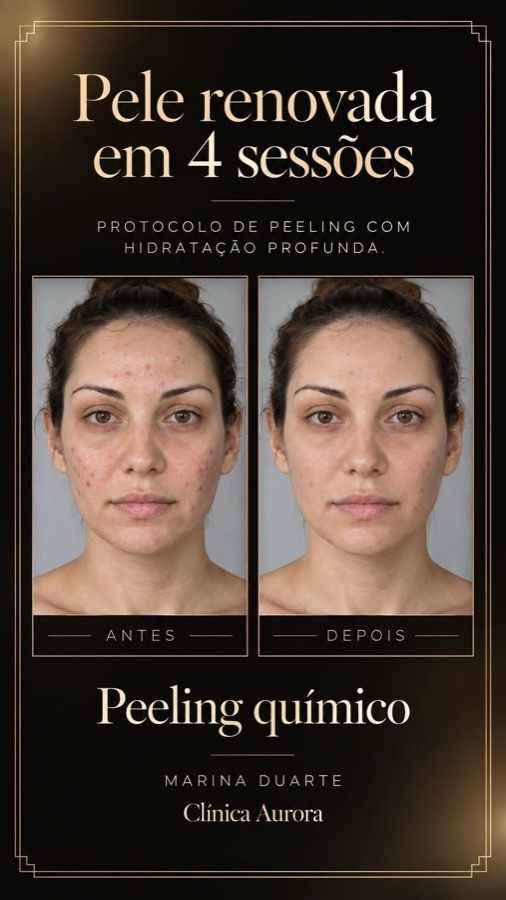Exemplo de story no modelo Editorial luxo, com antes e depois de um tratamento de pele.